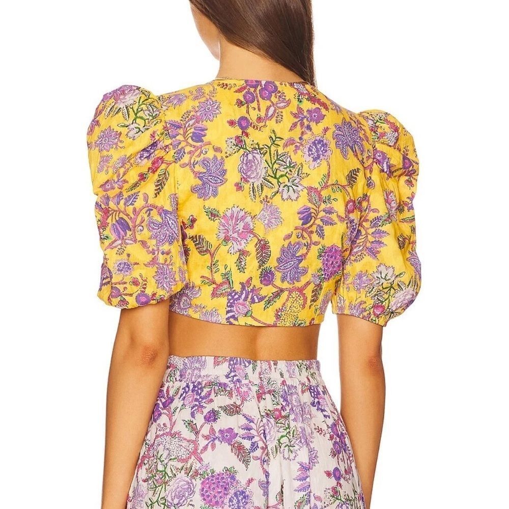 NWT HEMANT and NANDITA Dhea Crop Top Tie-Front Canary Yellow Boho Floral Medium - Picture 3 of 12
